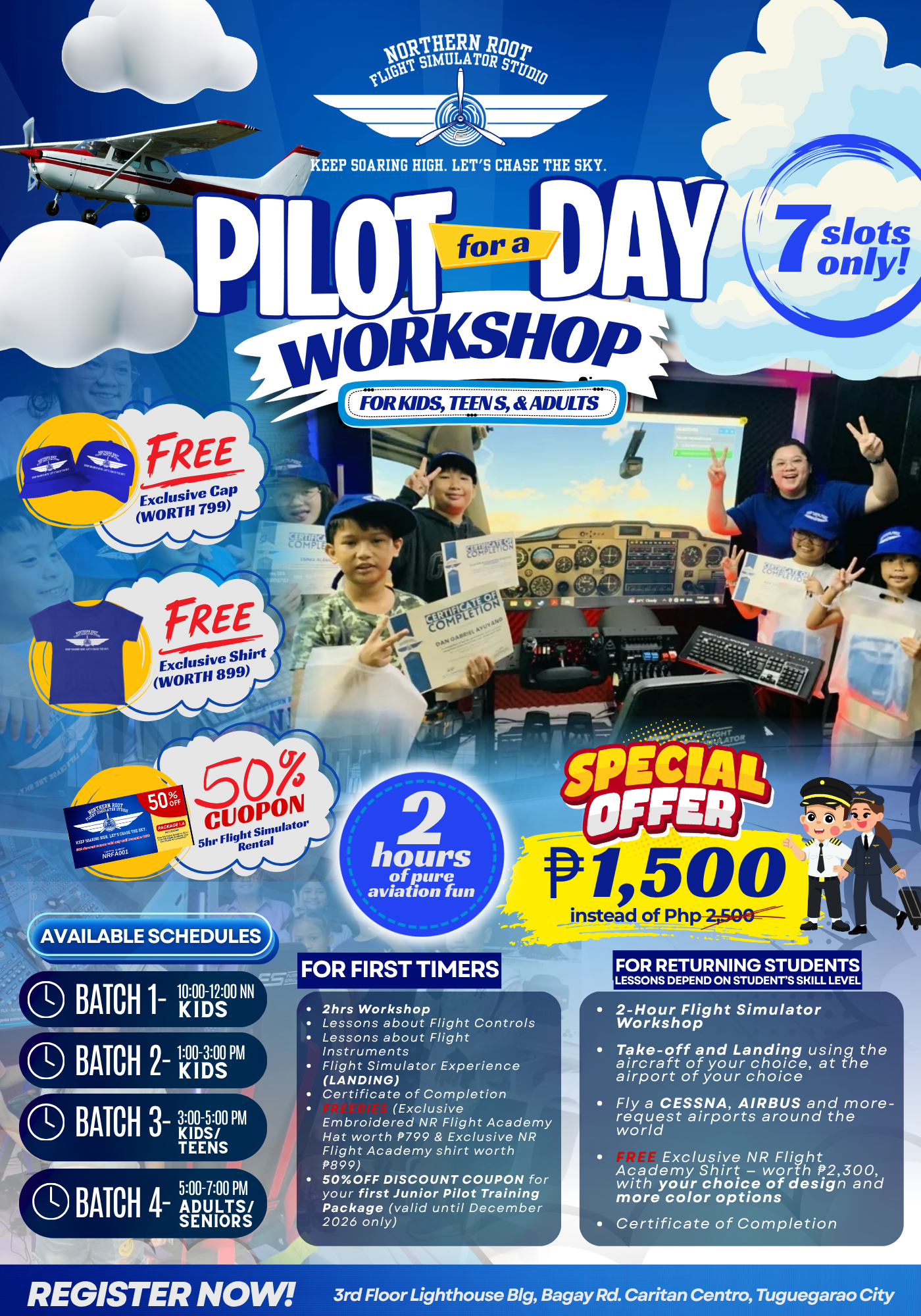 Pilot for a Day Workshop poster — schedules, inclusions and freebies